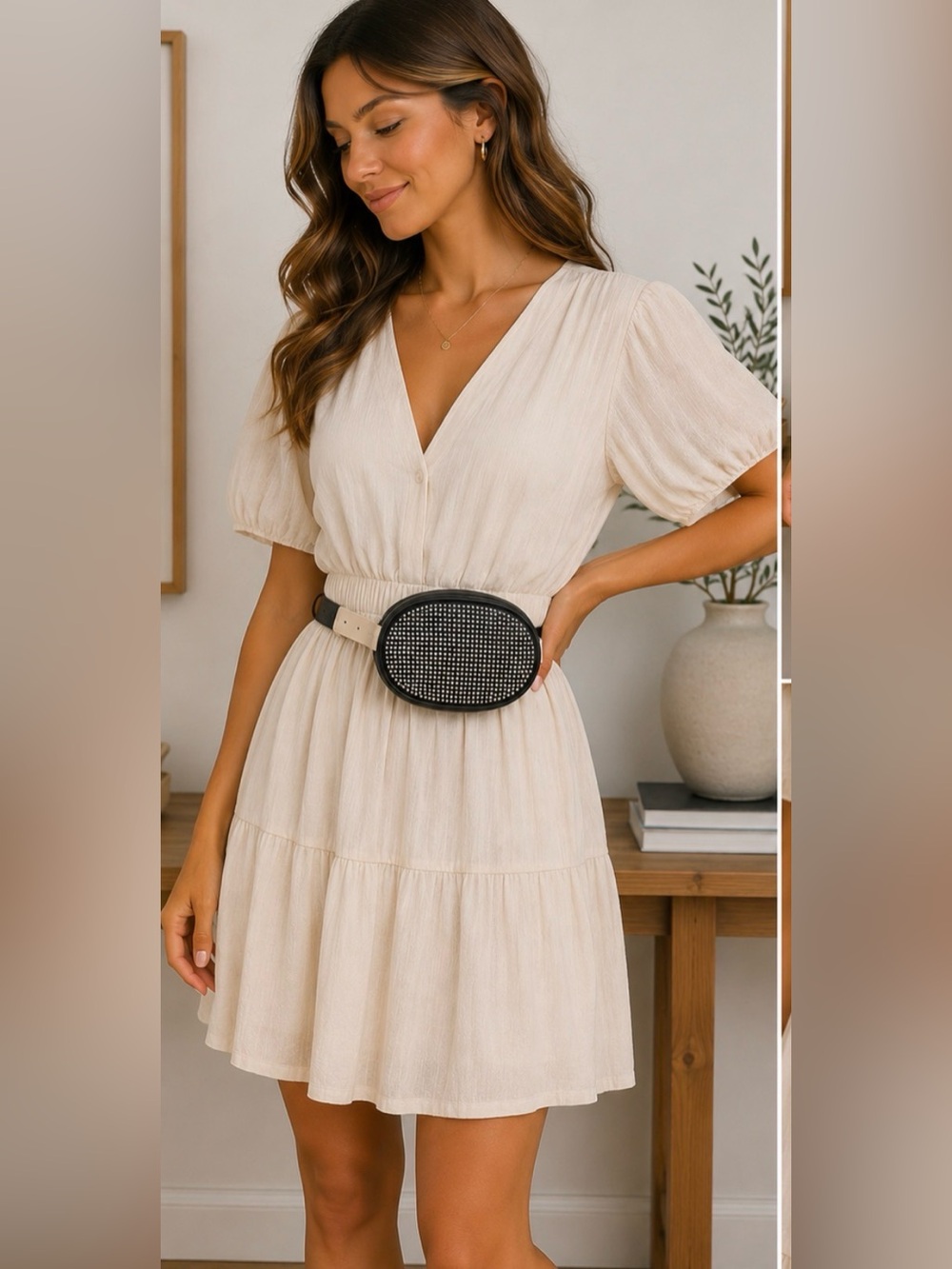 NWT Beaded Oval Black Belt Bag / Cross Body with Cream Belt NWT